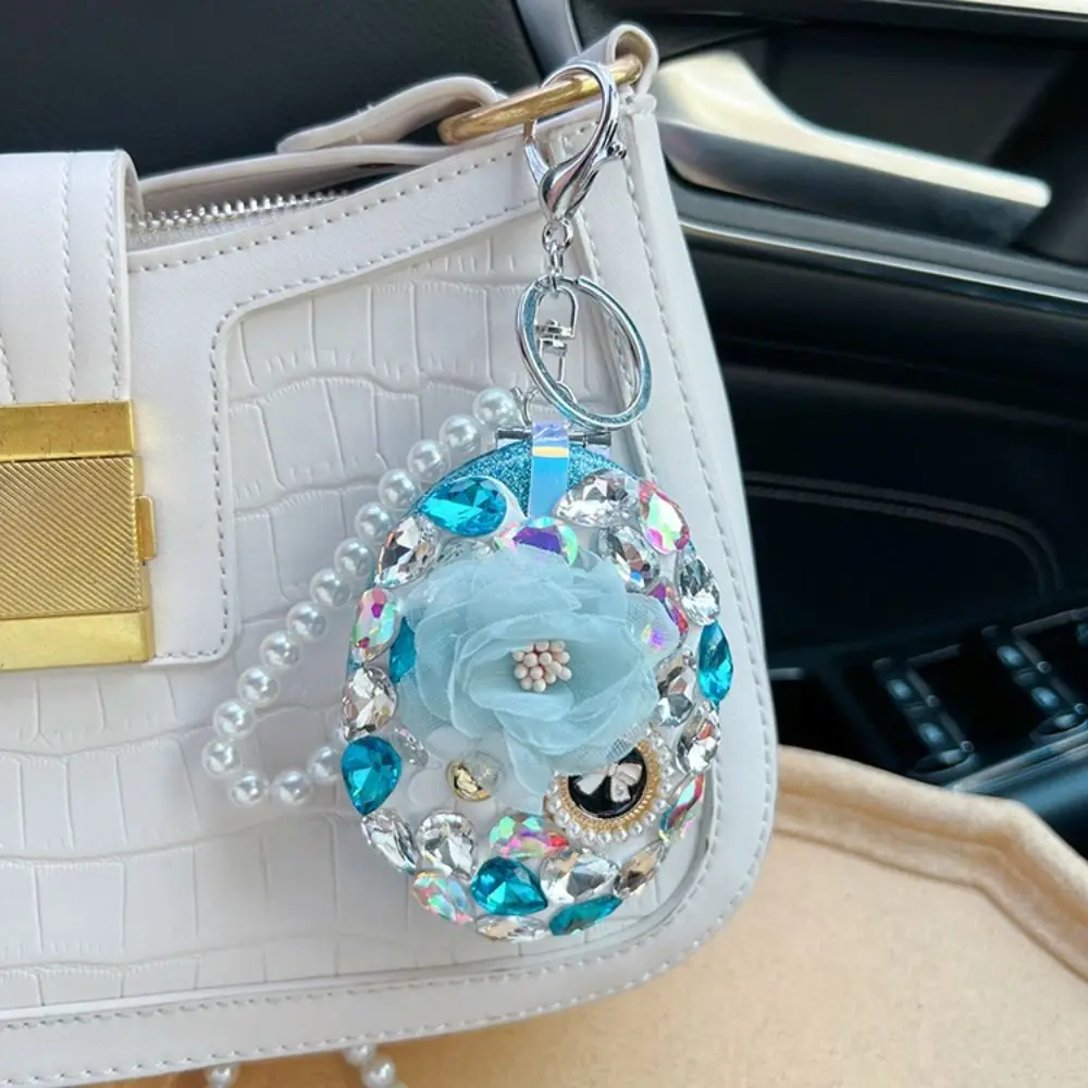 Full Rhinestone Camellia Makeup Mirror Creative Oval Elegant Car Keychain Folding Sparkling Bag Pendant Travel