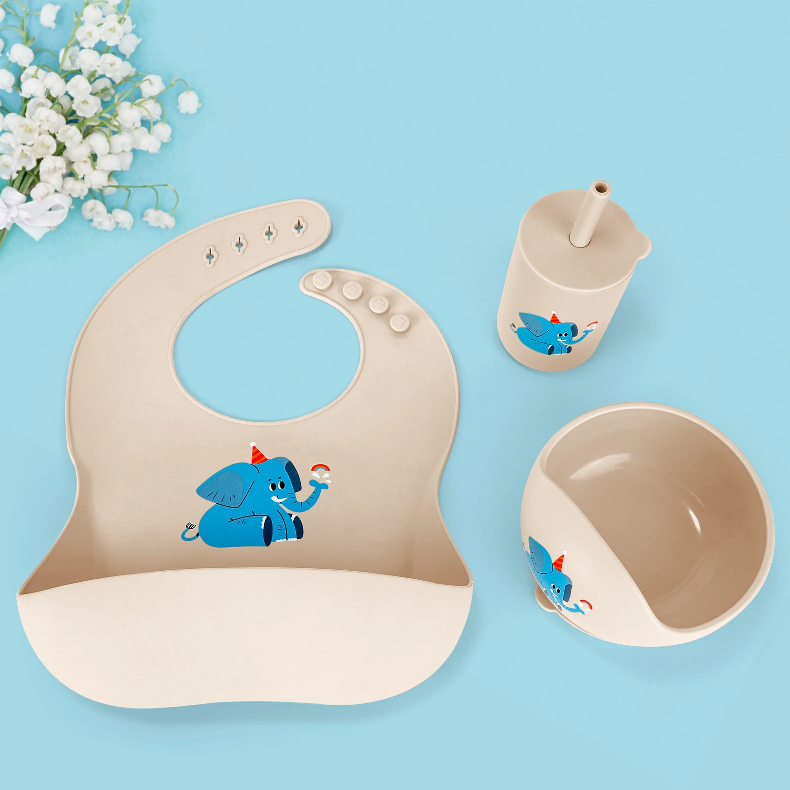 Ensemble d'alimentation en Silicone imprimé pour bébé, complément alimentaire, vaisselle et bols avec ventouses, bavoir de poche, gobelet couvert, 3 pièces