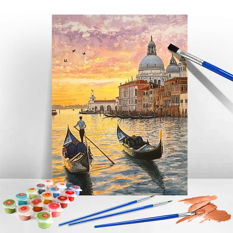 مدينة البندقية المائية الكبار الرقمية النفط الطلاء DIY كيت رسمت باليد النفط اللوحة فرملس التلوين الرقمي ديكور المنزل #2