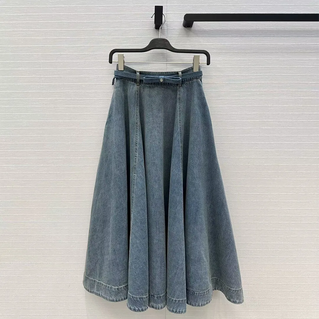 

2025 New Autumn Vintage Elegant Blue Denim A-line Long Skirts Womens High Waist Belt Loose Big Bottom Sweet Girl Skirt