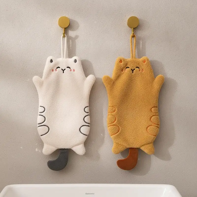 Cute Cartoon Hanging Hand Towel Super Absorbent Soft Plush Cloth for Kids Bathroom Kitchen Household Cleaning Tasks