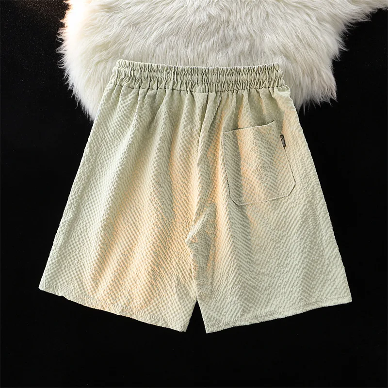 Hmsevenjz Summer Loose Pleated Ice Silk Shorts for Men's Straight Leg Wide Leg Elastic Waist Quick Drying Thin Beach Pants