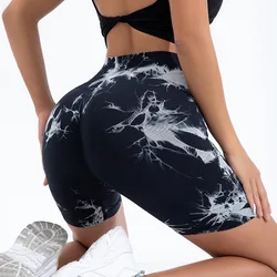 High Waist Butt Lift Shorts Women Seamless Tie Dye Shorts Gym Workout Running High Elastic Fashion Knit Slim Three Point Pants