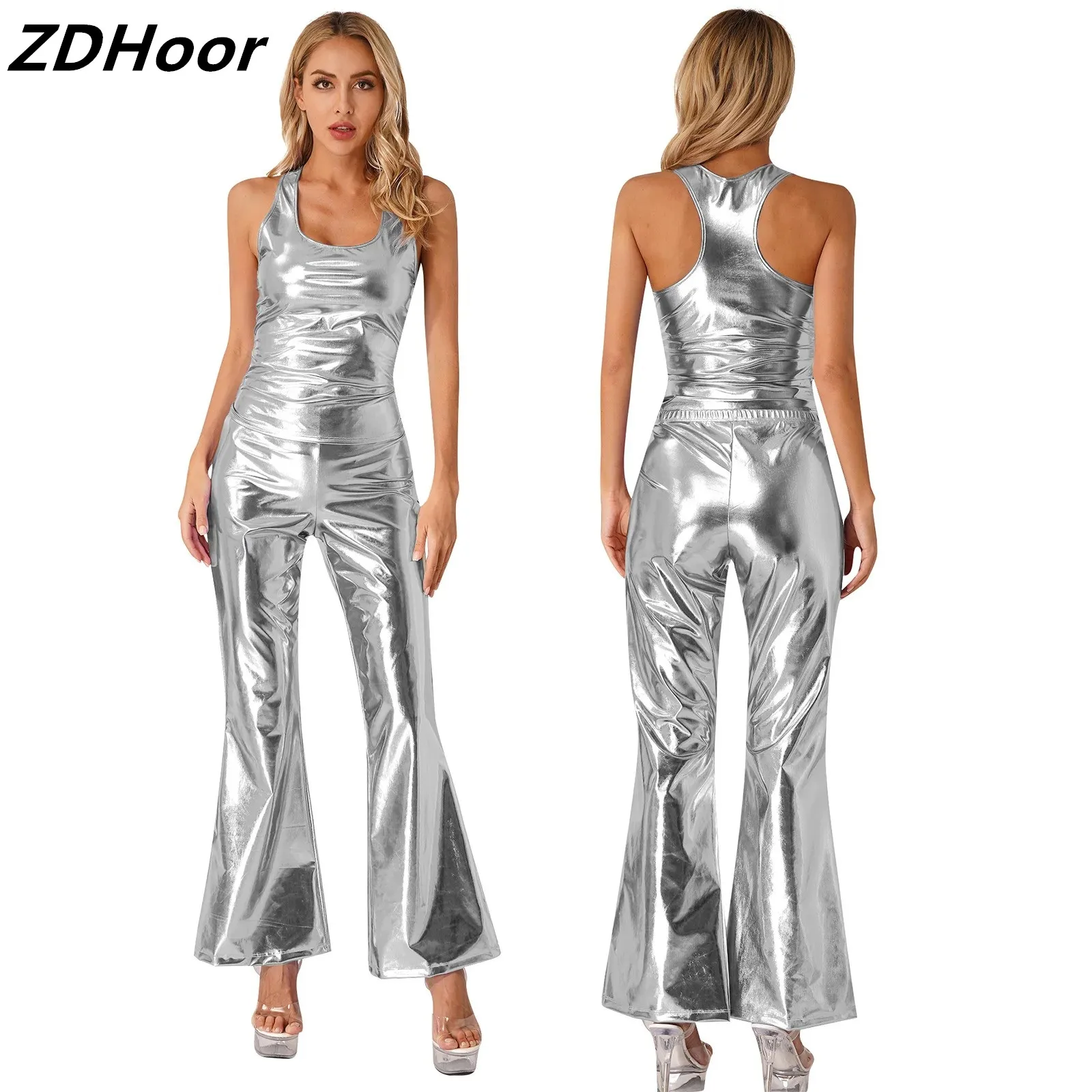 

Womens Metallic Shiny Disco Sets Deep U-neckline Sleeveless Racer Back Tank Top with Elastic Waistband Flare Pants for Clubwear