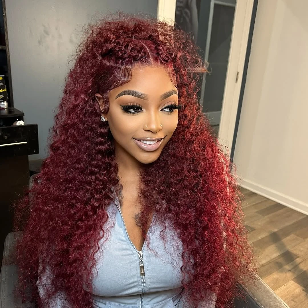 Parrucca brasiliana 13x4 parrucche frontali in pizzo HD 99J parrucche anteriori in pizzo riccio bordeaux vino rosso colorato pre pizzicato onda profonda capelli umani al 100%