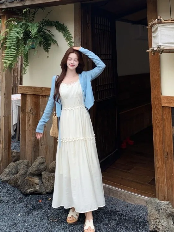 

plus Size Women's Sweet Style White Flower Print Strap Dress Summer New Waist Cinching Meat Concealing A-Line Skirt Dress
