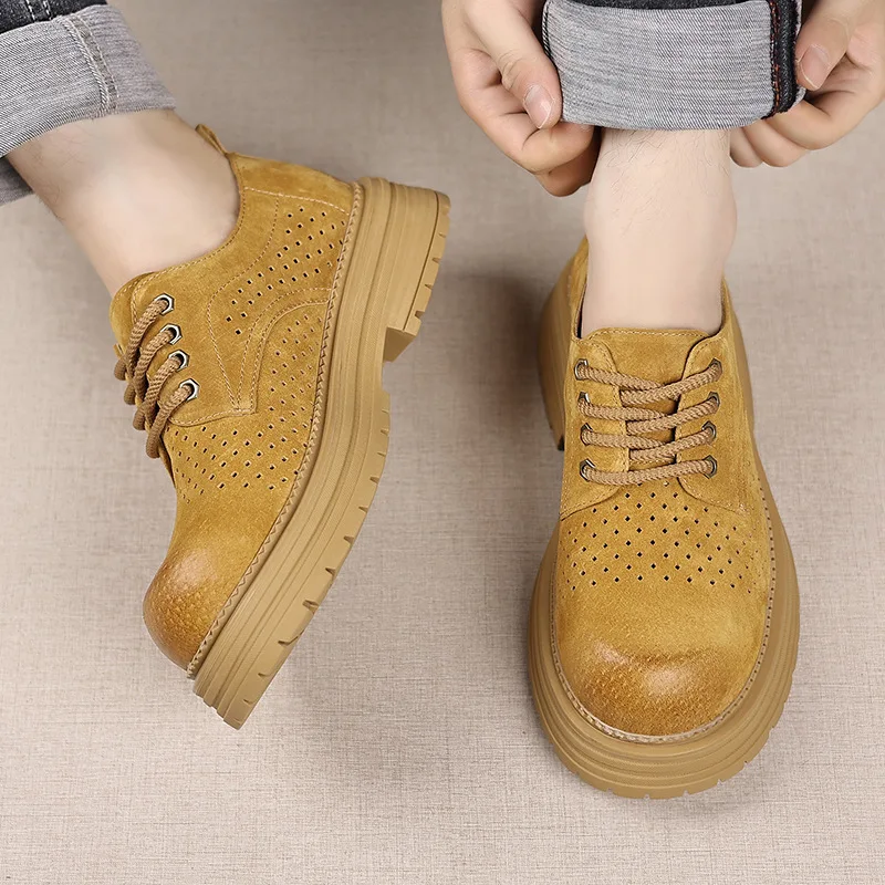 

New Summer Vintage British Men Casual Leather Shoes Business Dress Loafers Breathable Height Increasing Outdoor Tooling Shoes