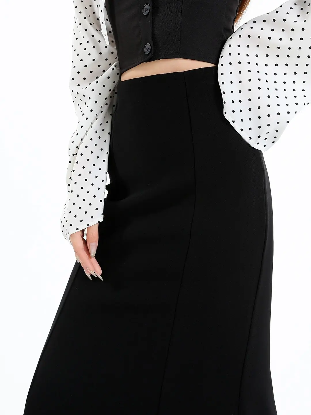 

Черная юбка-рыбка в деловом стиле с завышенной талией, утягивающая, средней длины, А-силуэт, для женщин, для офиса, в корейском стиле, из полиэстера