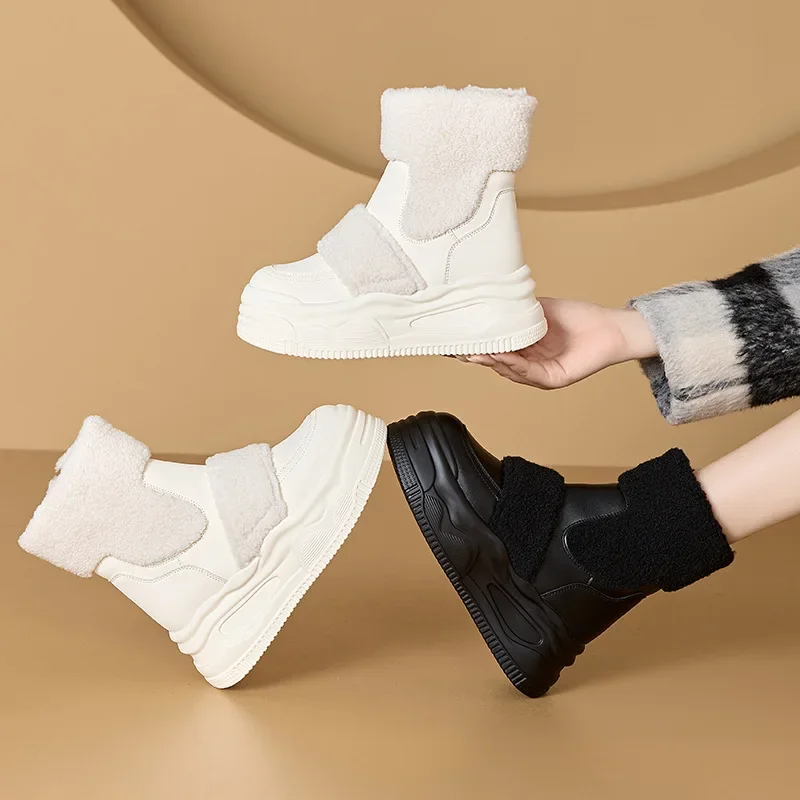 Top quality 8.5CM Genuine Leather Fashion Women Ankle Booties Platform Wedge Winter Plush Autumn Boots Spring Warm Shoes Chimney