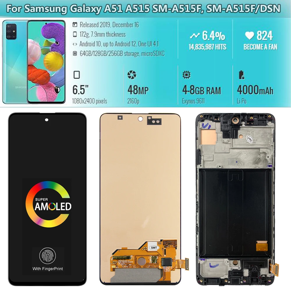 For AMOLED For Samsung A50 A505F/DS LCD A10,A20,A30,A30S Display Touch Screen Digitizer With Frame For Samsung A515 lcd