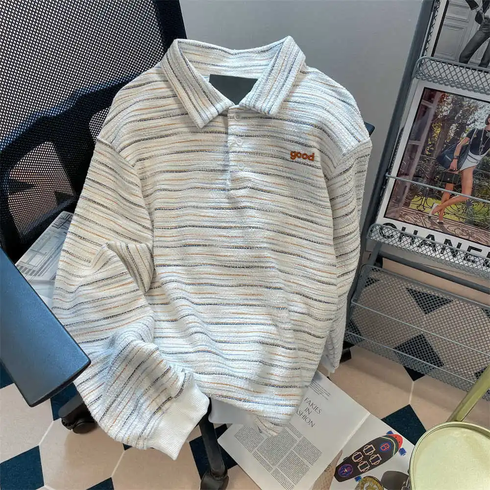 

Simple Striped Loose Sweatshirt for Women Korean Turn Down Collar Long Sleeve Pullovers Female Casual Basic Tops