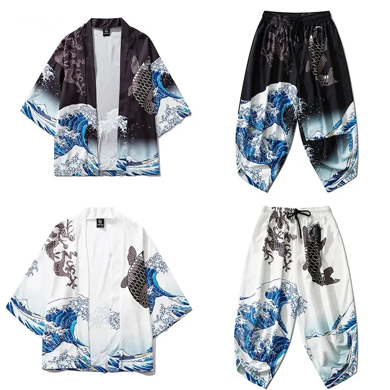 

Japanese Traditional Clothing Wave Carp Print Kimono Pants Men Retro Yukata Asian Fashion Tang Suit Harajuku Hanfu Yukata Jacket