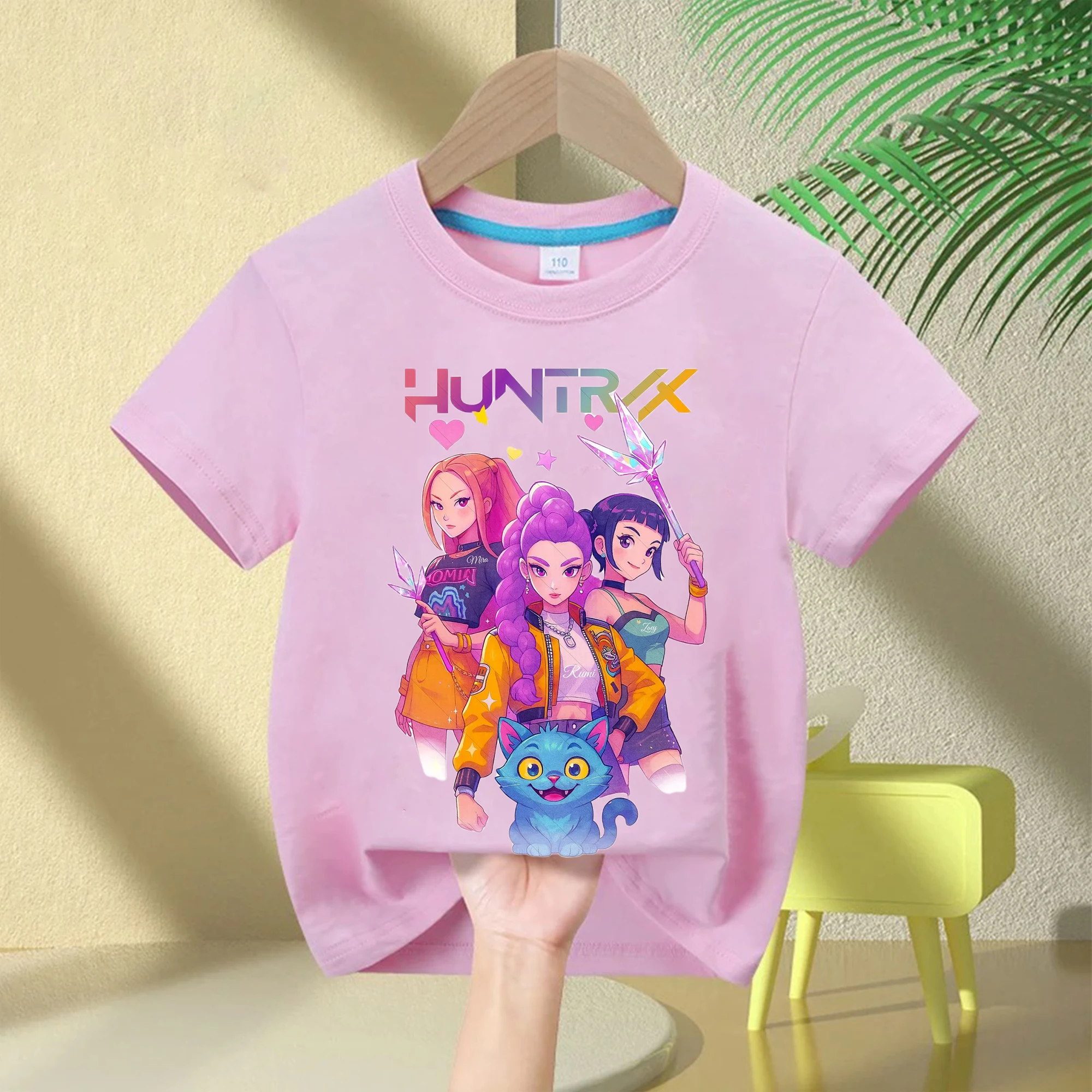 

2025 Hot Movie KPop Demon Hunters Rumi Cartoon Girls T-shirt Round Neck Fashion Casual Top Children's T-shirt Girls Clothing