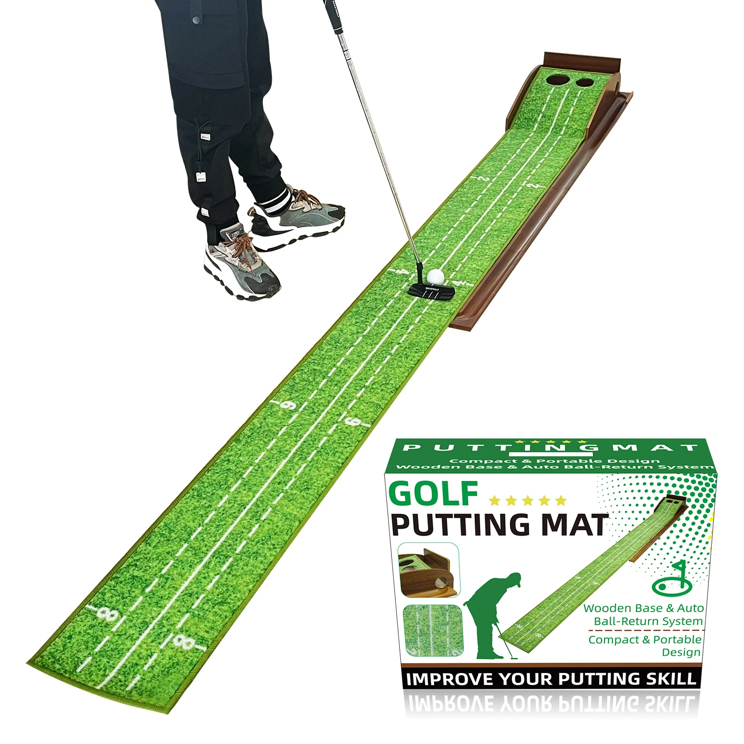 Golf-Putting-Matte für den Innen- und Außenbereich mit automatischem Ballrücklaufsystem aus Holz und 2 Löchern, grünes Zubehör