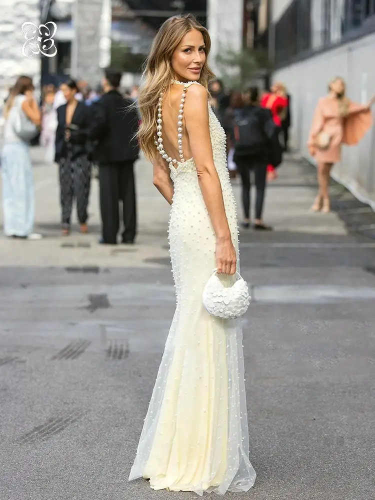 

2026 Elegant Cream Pearl-Embellished Mermaid Evening Gown Sleeveless Sheer Mesh Formal Maxi Dress Cutout Cocktail Party Dress
