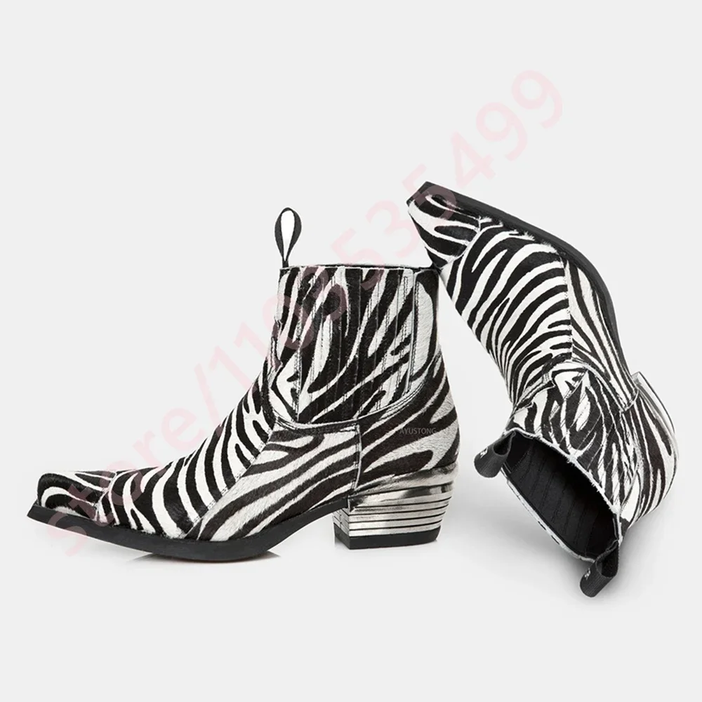 

2025 Sexy Zebra Print Chelsea Boots Autumn New Pointed Thick Heel Western Boots 35-43 Street Fashion Party Casual Cowboy Boots