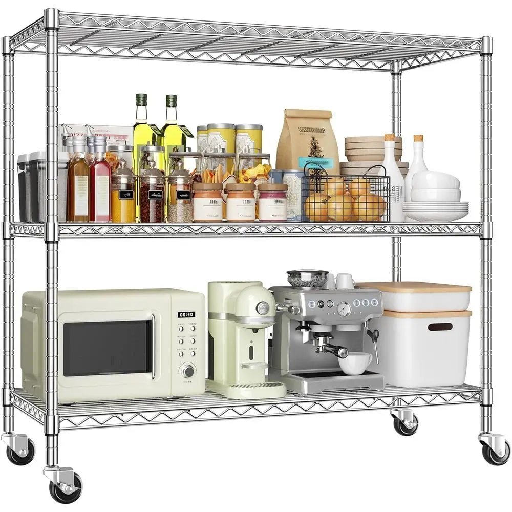 Adjustable 3-Tier Metal Shelving Unit with Wheels for Kitchen, Office, and Storage - Heavy Duty, Chrome Finish, 45W x 17.7D x 41