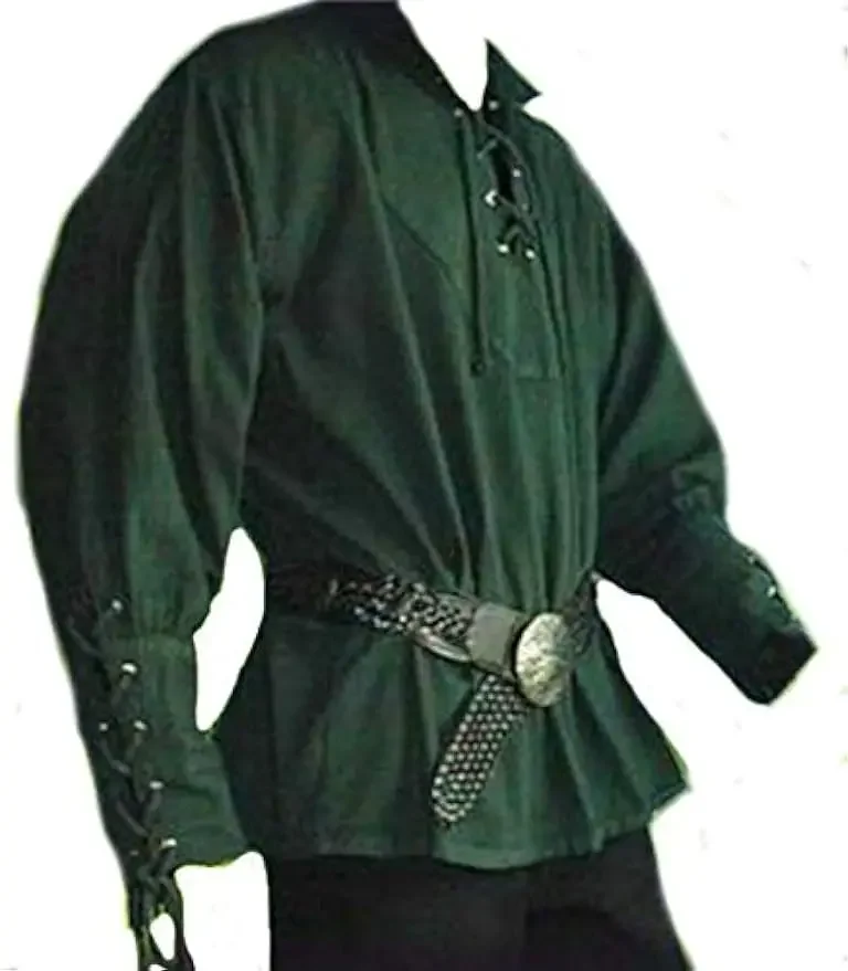 Men\'s Medieval Pirate Costume-Vintage Bandage Blouse-Mercenary Scottish Wide Cuff Shirt-Long Sleeve Top