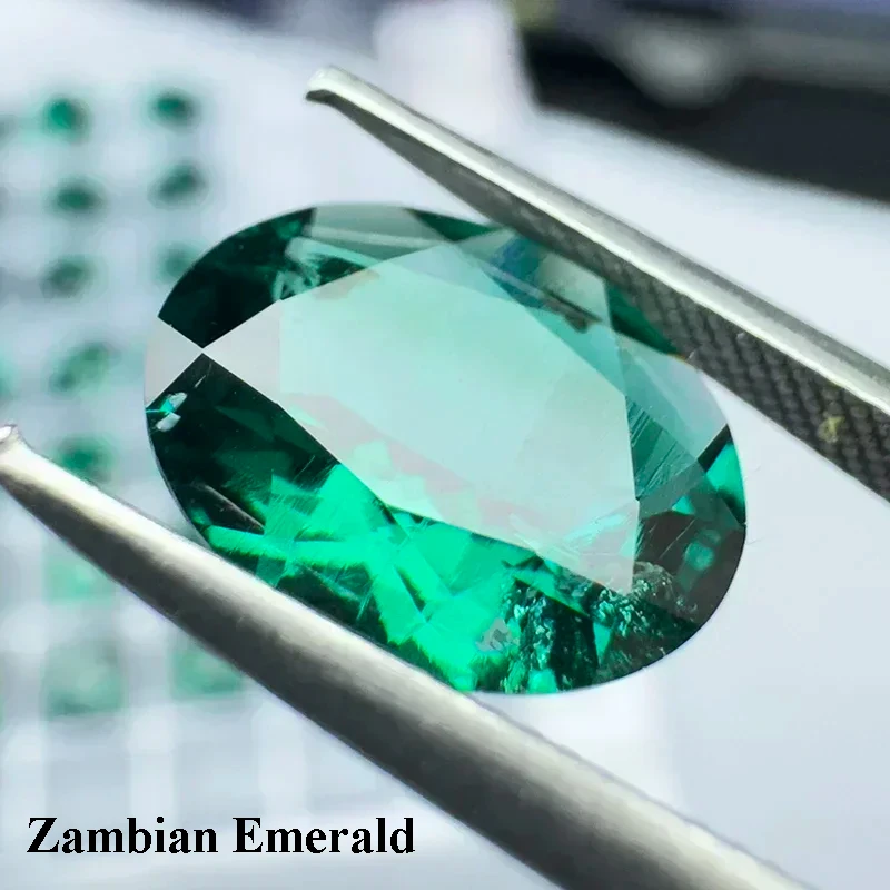 

Lab Grown Zambian Emeralds Oval Shape Hydrothermal Hand Cuttingwith Cracks Inclusions Inside Selectable AGL Certificate