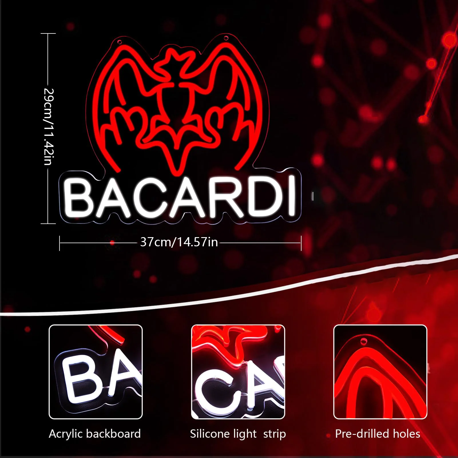 Bacardi Rum neon commercial sign for bar wall decor,USB Powered Decorative Bar Open Sign for Home Bar Store Party Decor