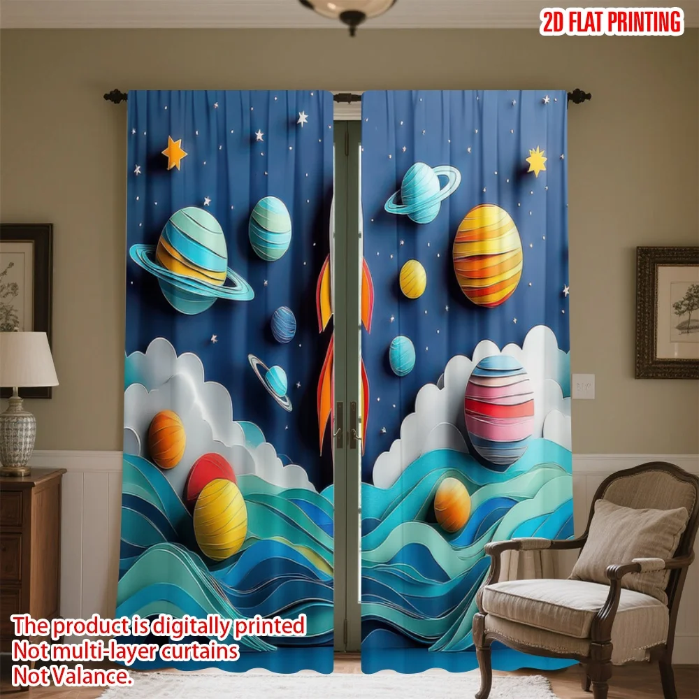 

2D flat printing 2pcs Curtain Rocket Among Planets Digital Printed Polyester Drapes Festive Curtains for Holiday Celebrations