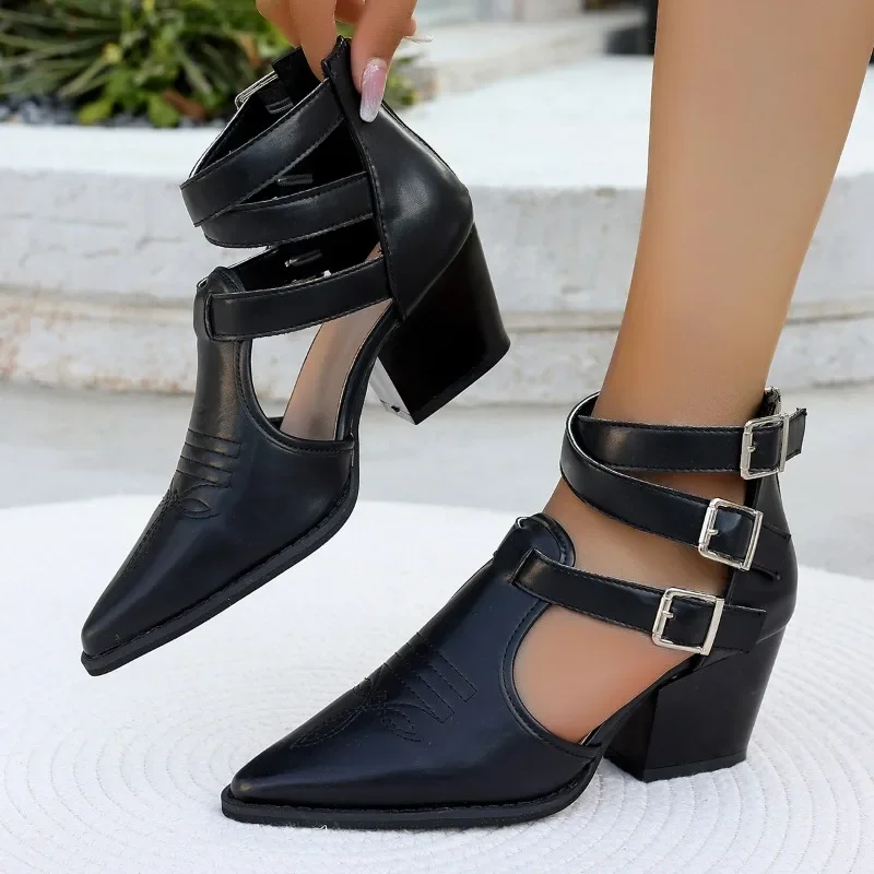 Women's Sandalssummer New High Heels Pointed Cowhide Buckle Bag Heel Sandals Fashion Comfortable Innovative Height-raising Shoes