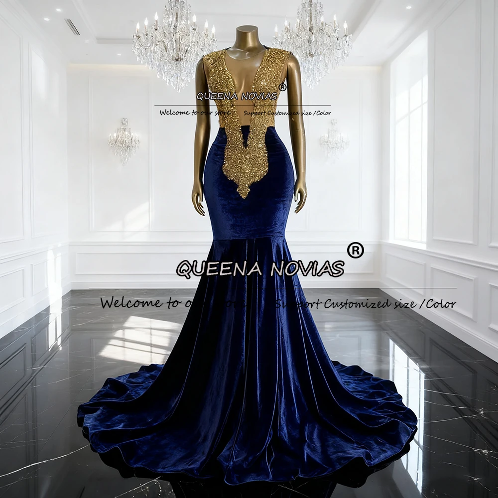 

Gold Crystals Beading Prom Dresses For Black Girls Unique Design Illusion O Neck Mermaid Evening Gowns Customized Robe De Soriee