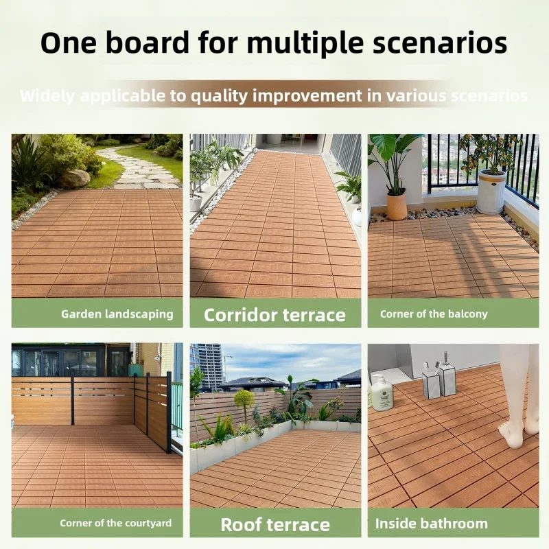 11PCS WPC Deck Tiles Interlocking Waterproof Anti-Slip Outdoor Flooring Warm Brown Relief Pattern For Balcony Patio Garden