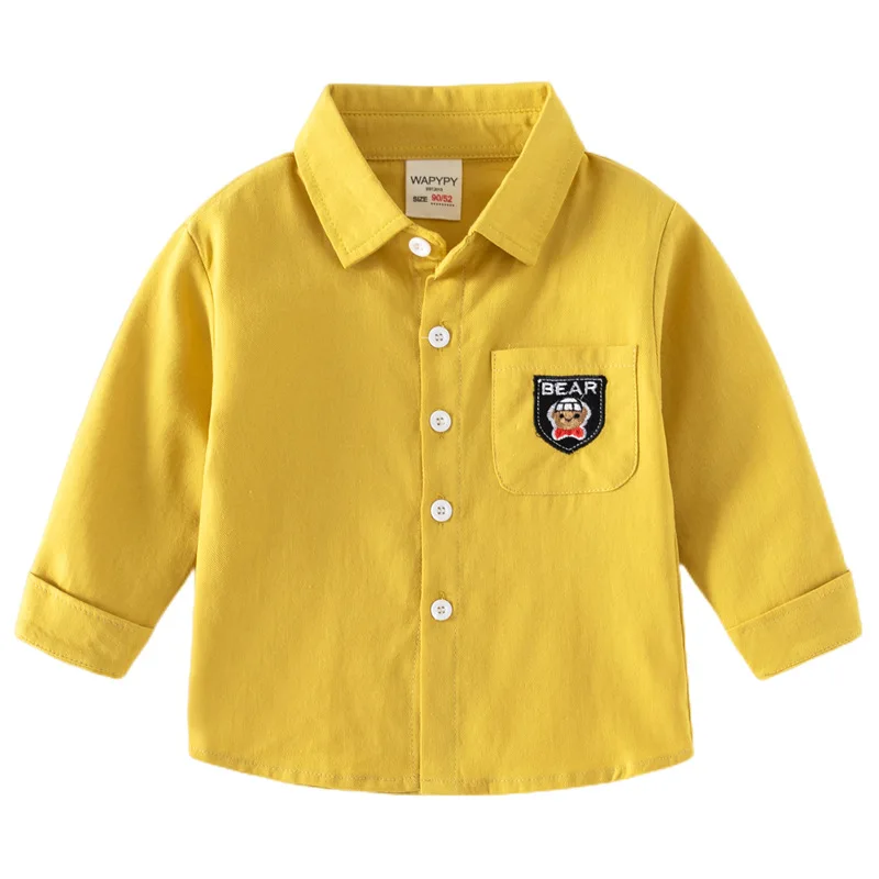 Spring Boy's Shirt Outdoor Casual Solid Color Embroidery Kids Tops Fashion Pure Cotton Breathable Shirt Children's Clothing