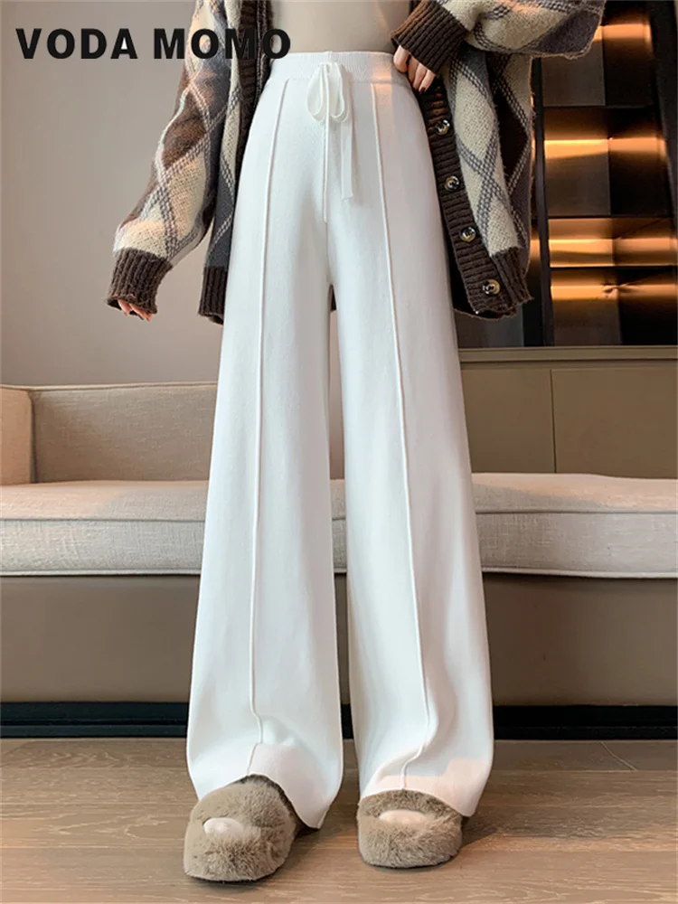 Korean Elegant Daily Knitted Wide Leg Pants Women New Autumn Winter Drop High Waist Elastic Straight Tube Loose Thickened Pants