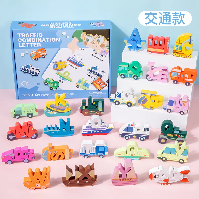 

Puzzle Wooden Three-dimensional Traffic Letter Toy Cognitive Cartoon Building Block Puzzle Board Toy