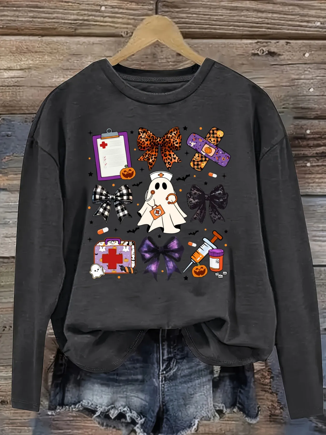 Women's Casual Long Sleeve Crew Neck T-Shirt Halloween Nurse Ghost Bow Prints Design, Round Neck Women's Clothing, Machine Washable, Slightly Elastic, Loose Fit, Spring Autumn Winter Women's T-Shirt, Halloween Costume Outfit view 2