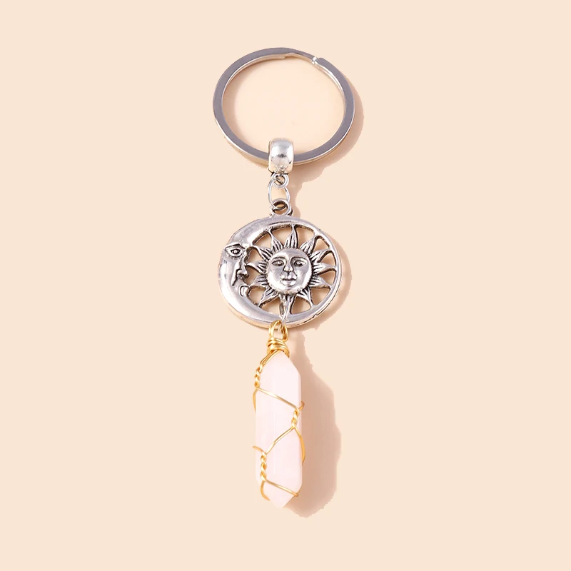 Natürliche sechseckige Säule Stein Schlüsselanhänger Frauen Männer Quarz Opal Kristall Schlüsselanhänger Auge Fatima Hand Sonne Mond Schmuck Party Geschenke – Detail 16