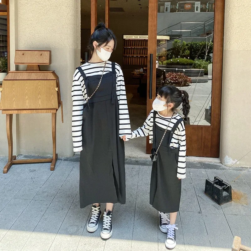 Mother And Kids Dress Mom Daughter Equal Long Sleeve t Shirts+Suspenders Dresses Two Piece Outfit Women Baby Girls Clothes Sets