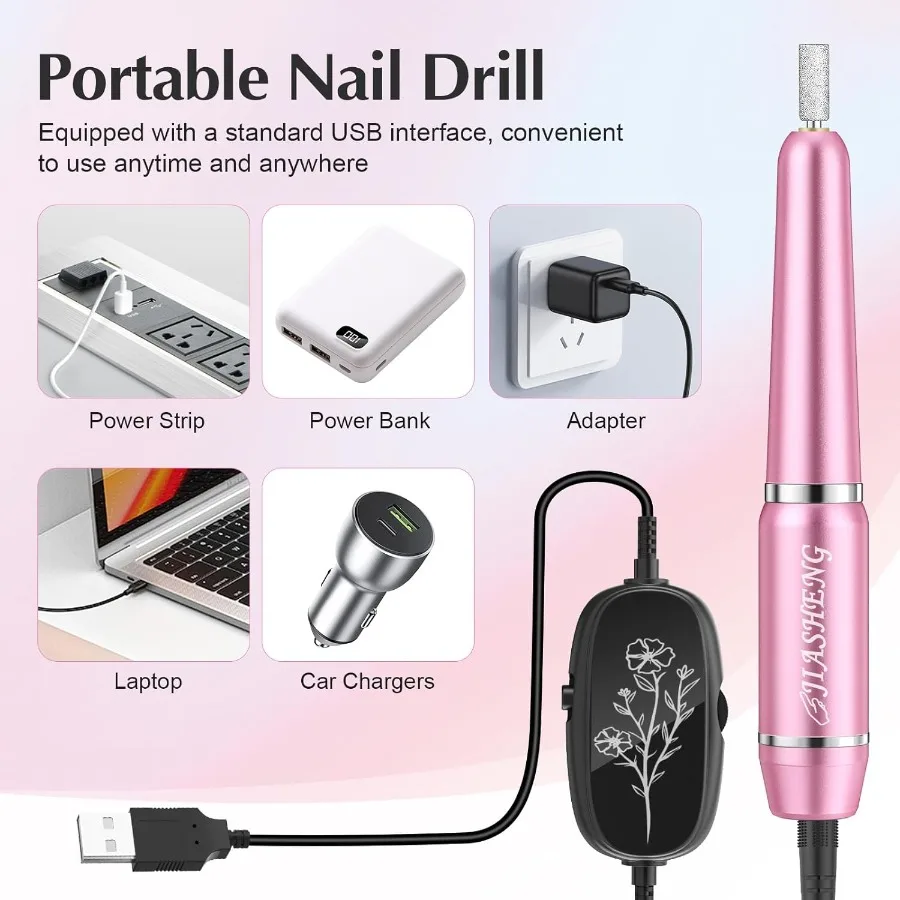 USB Electric Nail Drill Portable Electric Nail File for Acrylic Gel Nails Professional Drill Nail Kit Manicure and Ped