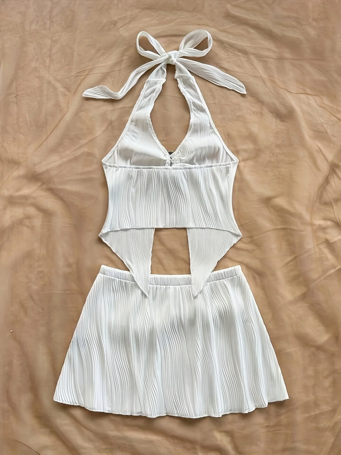 Elegant Summer New Pure Color Texture Fabric V-Neck Halter Top And Skirt Set for Women Two-Piece Outfit