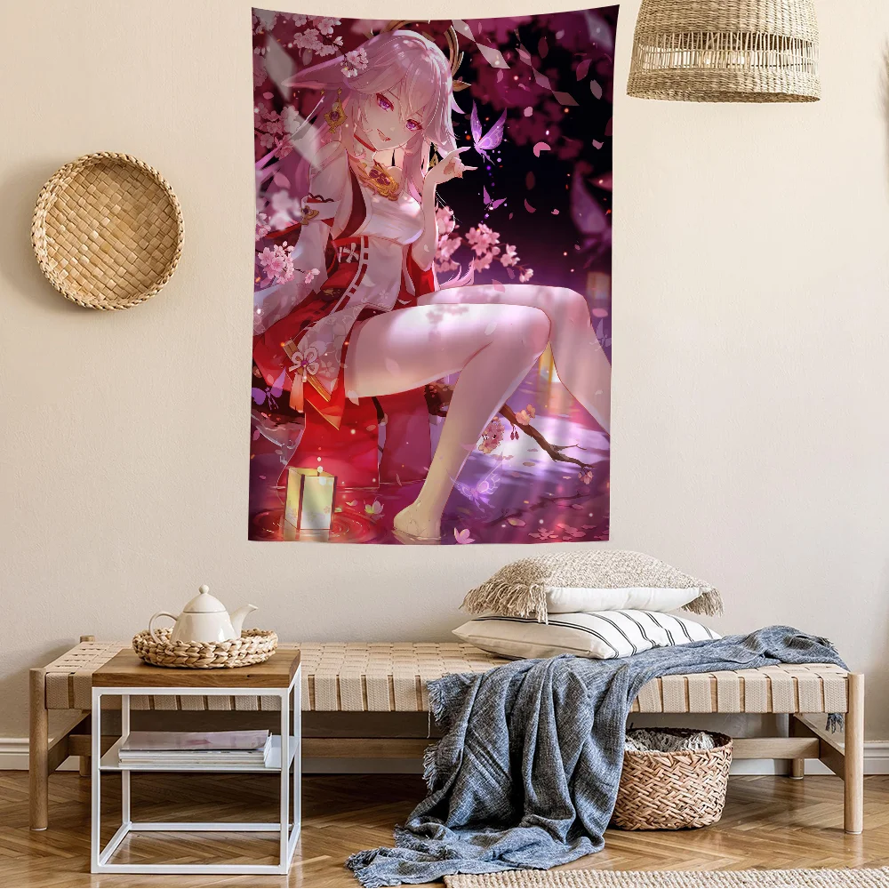 Yae Miko Genshin Impact Anime Tapestry – Hippie Flower Print, Acts as Wall Hanging, Dorms & Enhancing Home Atmosphere