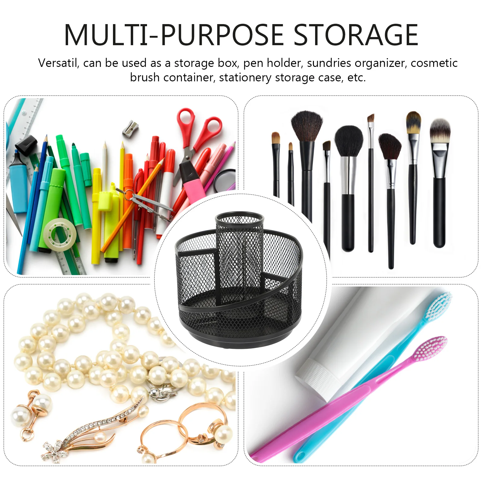 

Round Rotating Pen Holder Iron Desktop Organizer Pencil Storage Stationery Supplies Multi-Function Cosmetics Container