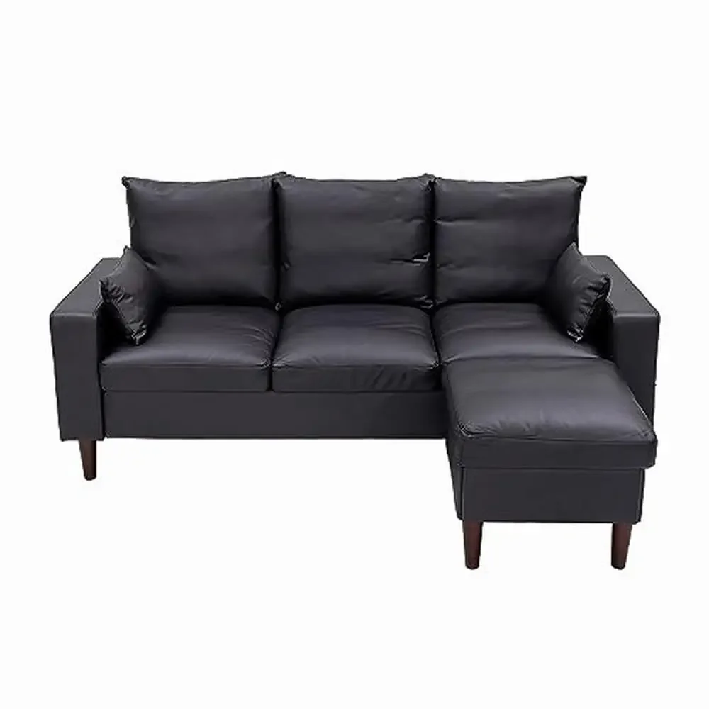 Em forma de L sofá secional conjunto com otomano, conversível sofá de 3 assentos, preto couro-como tecido, elegante sala de estar