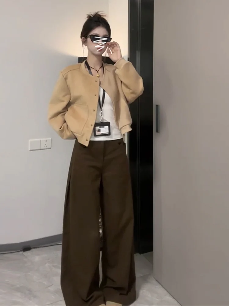 American Style High Waist Loose Wide Leg Denim Jeans Women's Deep Brown Coffee Color Fall New Arrival Casual Wear