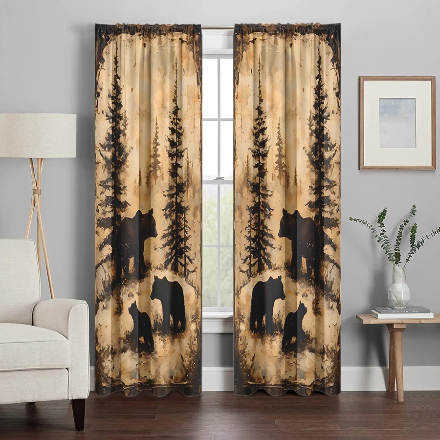 2PCS Digital Printed Curtains, Forest Black Bear Pattern, Artistic Pattern Window Drapes for Living Room Bedroom Decor