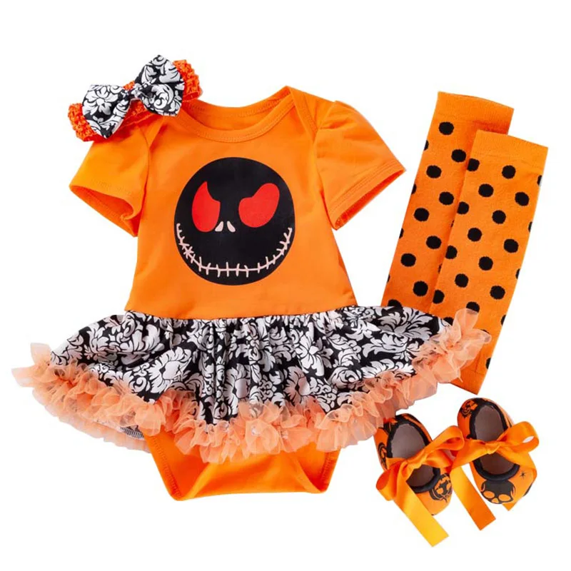 4pcs Costume Halloween Baby Girl 1 2 Year Horror Pumpkin Costume My First Halloween Party Dress Toddler Autumn Clothes 3 6 12 M