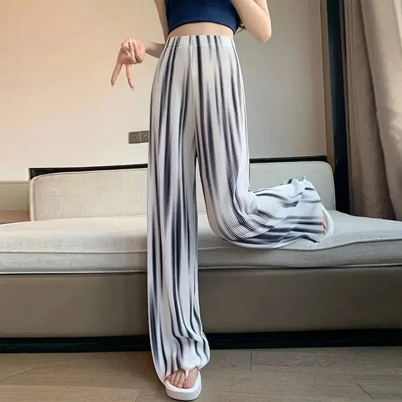 Ice Silk Tie Dye Gradient Color Wide Leg Women's 2024 New Summer Patchwork Elasticized High-waisted Loose Hanging Casual Pants