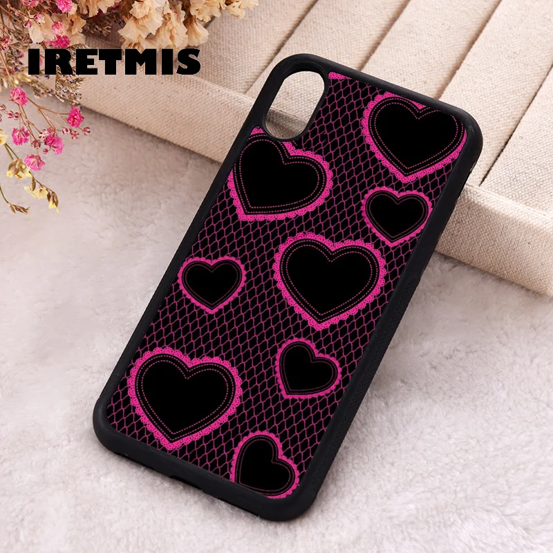 Iretmis 5 5S SE Phone Cover Case for iPhone 6 6S 7 8 Plus X Xs XR 11 12 13 MINI 14 Pro Max Silicone Heart Lace  Black & Pink