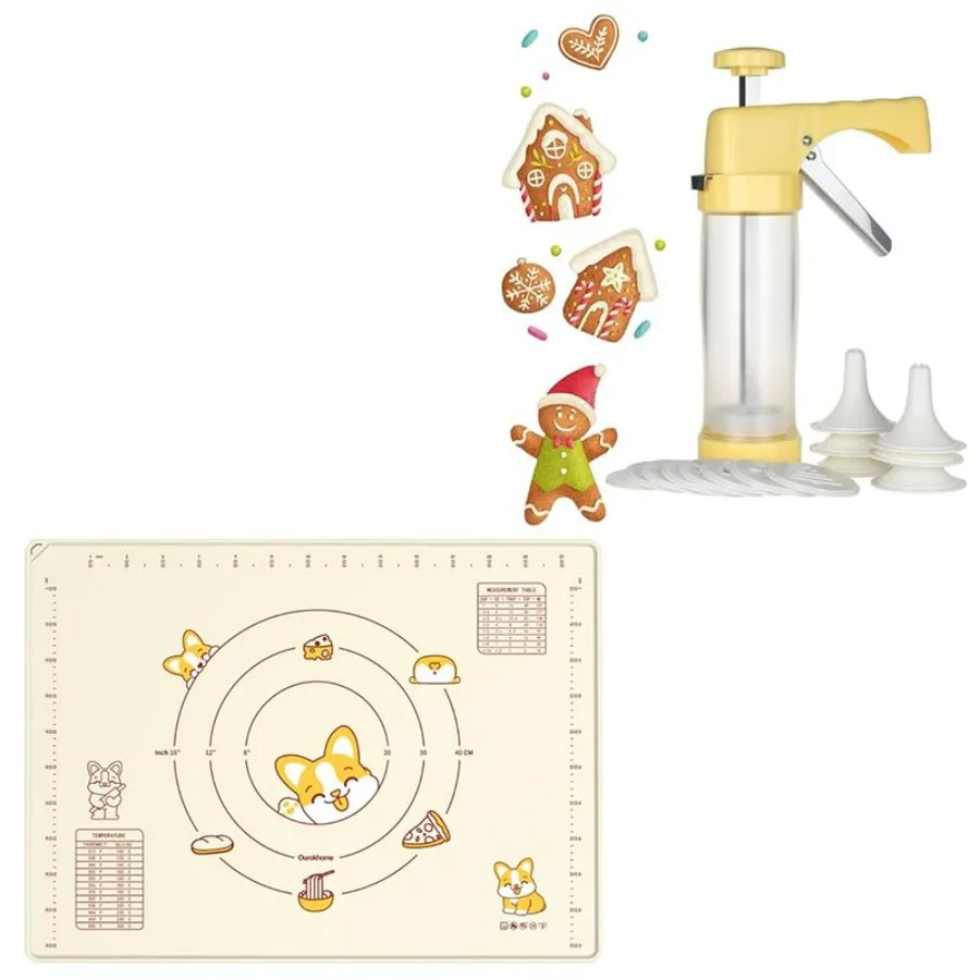 

Silicone Baking Mat Sheet and Pastry Dough Cutter BPA free Silicone Rolling Mat, Cookie Press Gun Kit - Clear Tube with 16 Discs