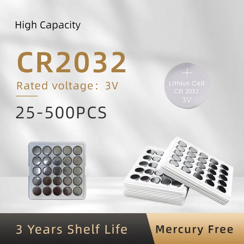 

25-500 шт. литиевых батареек CR2032 3В для часов, игрушек, калькуляторов, автомобильных пультов ДУ, кнопочных устройств