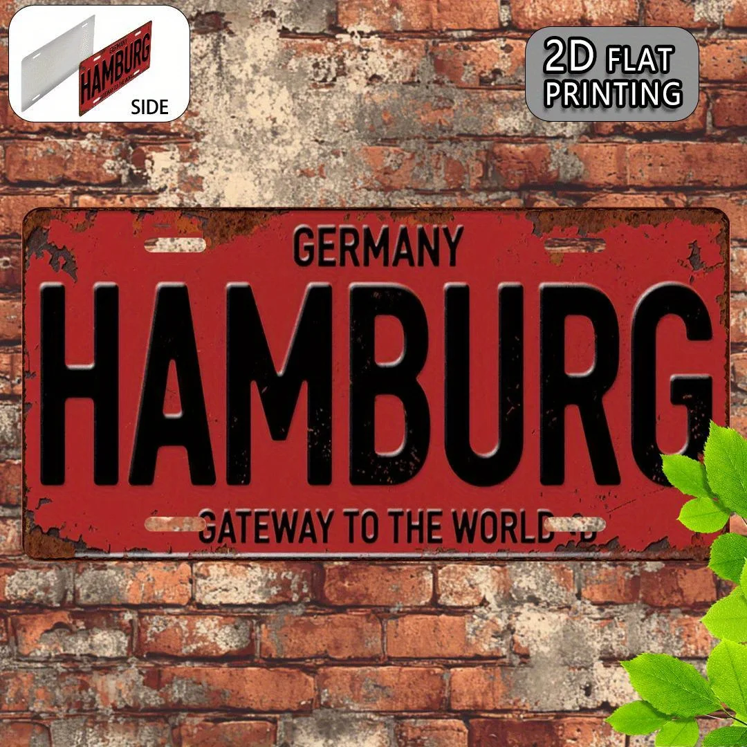 2D Flat, 1pc Vintage Hamburg Metal Sign - 15x30cm Aluminum Wall Art with Distressed Red & Black Design, German Travel-