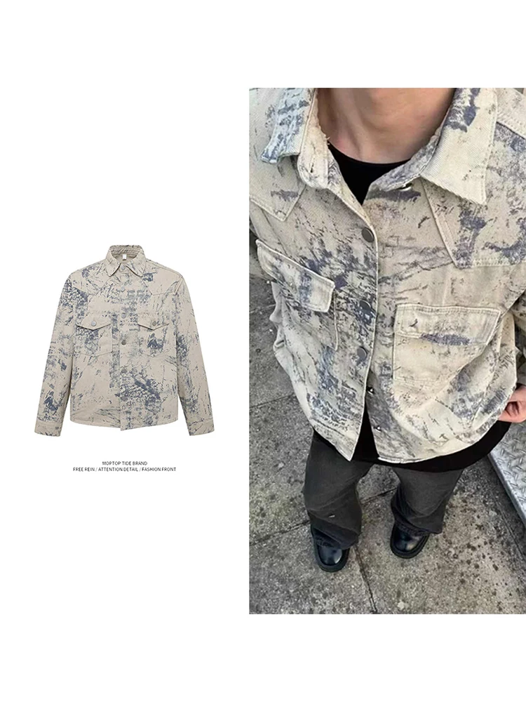 

Джинсовая куртка American Sle Tie Dye для мужчин, весенне-осенний топ Faion Le High Street, длинный све Jaet с застежкой-молнией