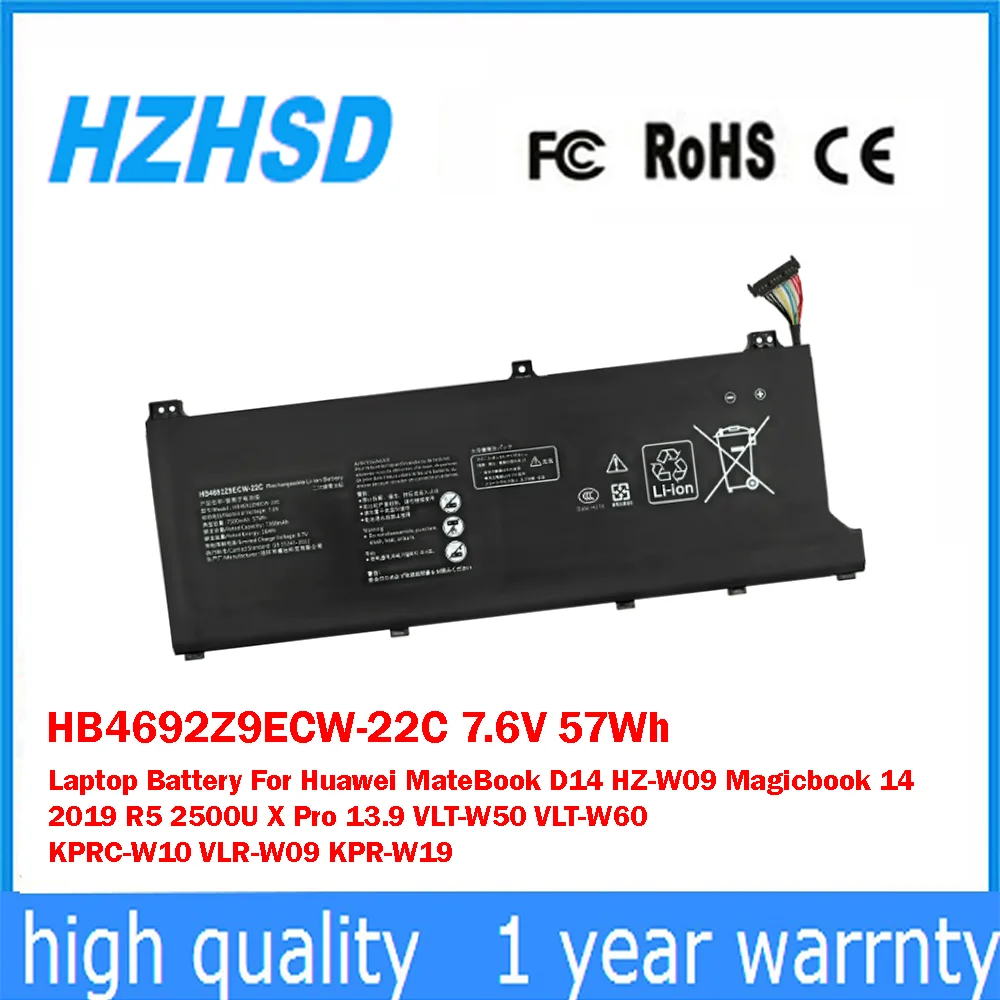 

HB4692Z9ECW-22C 7.6V 57Wh Laptop Battery For Huawei MateBook D14 HZ-W09 Magicbook 14 2019 R5 2500U X Pro 13.9 VLT-W50 VLT-W60
