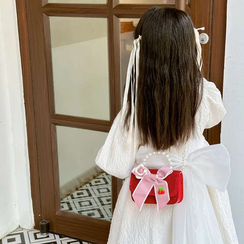 الحلو القوس الأميرة بنات اللؤلؤ مقبض حقائب كتف لطيف الاطفال حقائب اليد الحمراء محفظة الطفل الأطفال سلسلة منقوشة حقيبة كروسبودي الهدايا #3